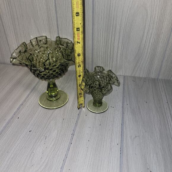 Vtg Fenton Hobnail Footed Green Glass Ruffle Compote Dish Set MCM - Picture 5 of 6